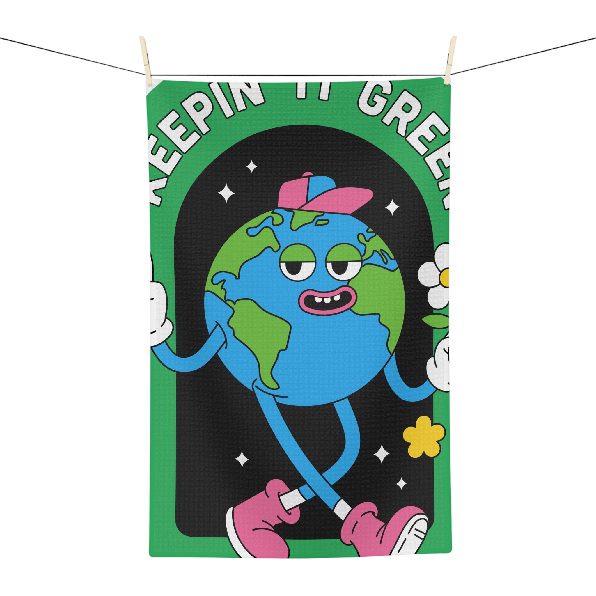 Keepin' It Green Earth Cartoon Tea Towel — Eco-Friendly Kitchen Decor