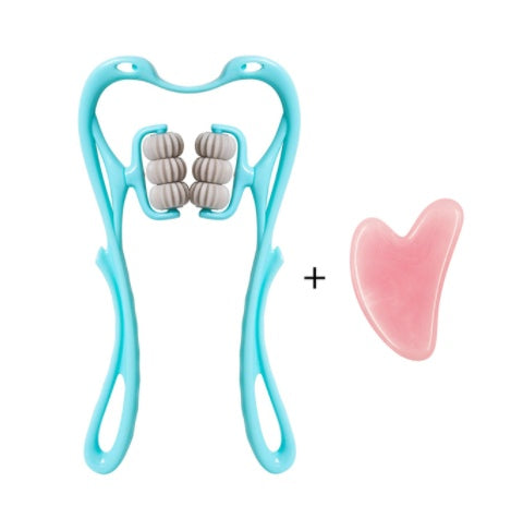 6-Roller Cervical Massager with six rotating wheels and ergonomic swan design for neck and muscle relief in pink and blue colors