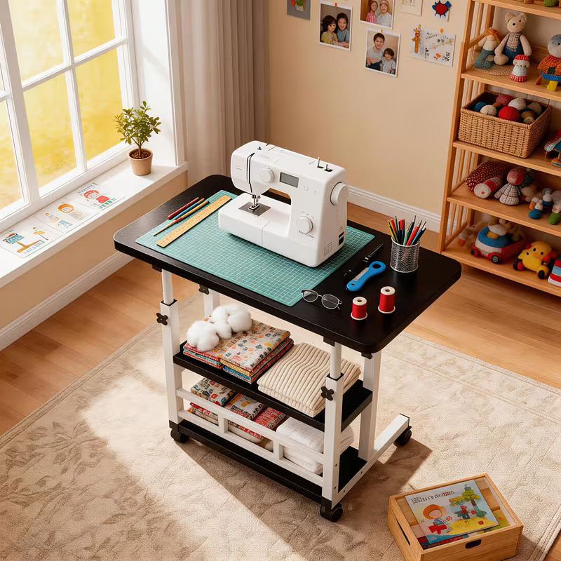 Portable Compact Computer Desk Cart, Small Space Workstation Writing Table Printer Stand, with Wheels, Mobile Office Desk, Portable Small Computer Table, Study Desk, Adjustable Height Standing Desk, Multifunctional, Suitable for Bedside, Sofa Side