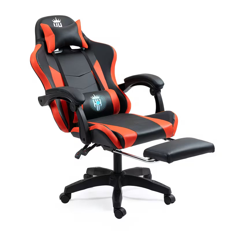 Ergonomic Gaming Chair with Spring Cushion, Retractable Footrest, Adjustable Headrest & Lumbar Support, PU Leather, Height Adjustable Swivel Seat, for Office, Gaming & Video