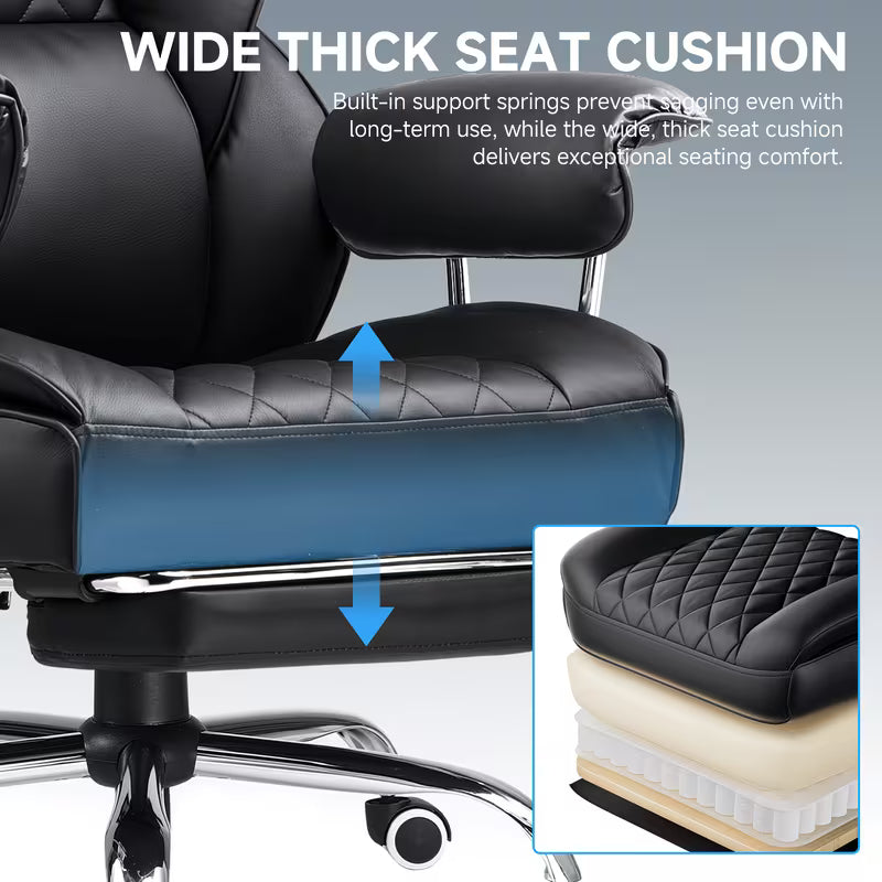 Executive Office Chair for Heavy People, Gaming Chair, Ergonomic Wide Desk Computer Chair with Pocket Spring Lumbar Support, Footrest, Outward Fixed Soft Armrests, High Back PU Leather, Height Adjustable, Big and Tall