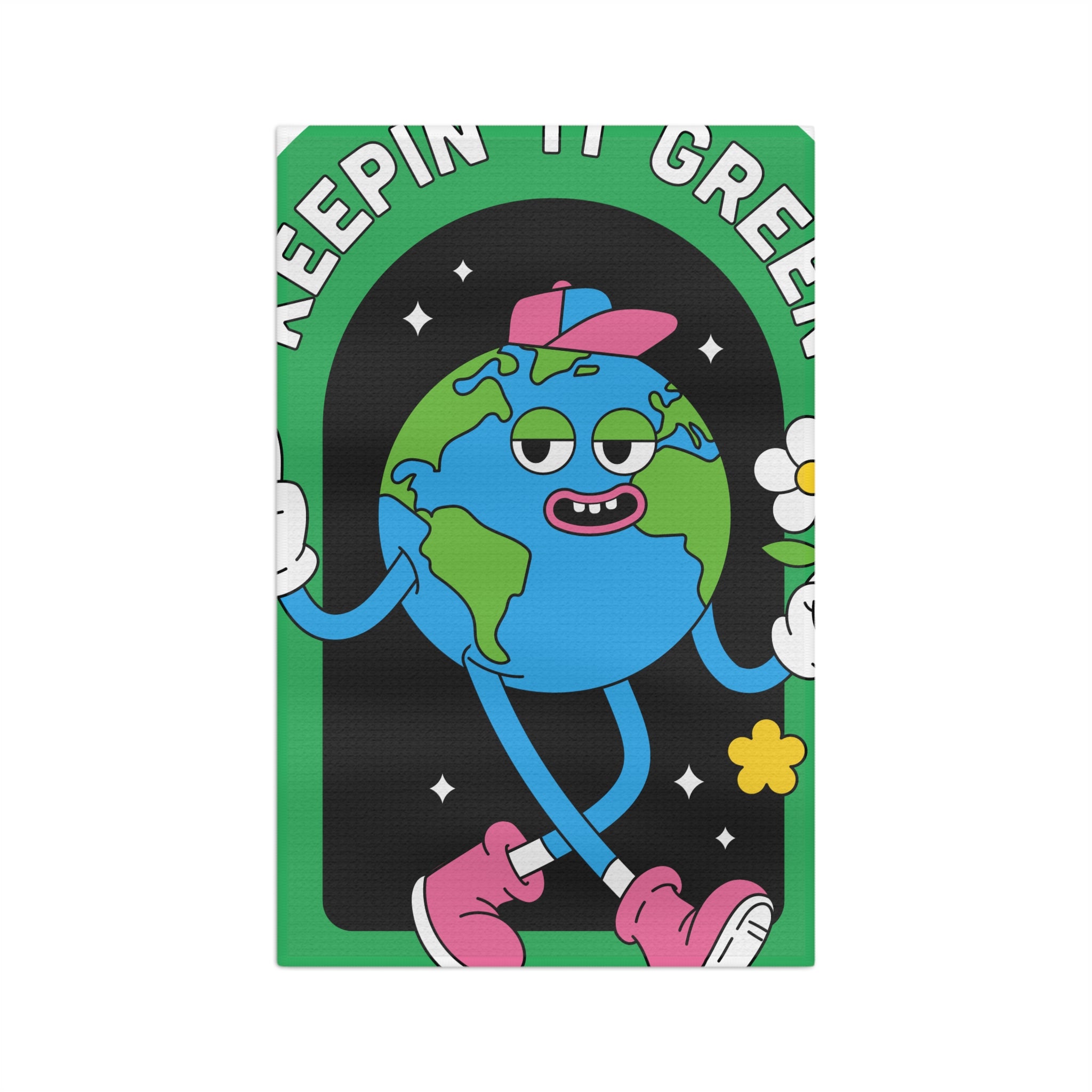 Keepin' It Green Earth Cartoon Tea Towel — Eco-Friendly Kitchen Decor