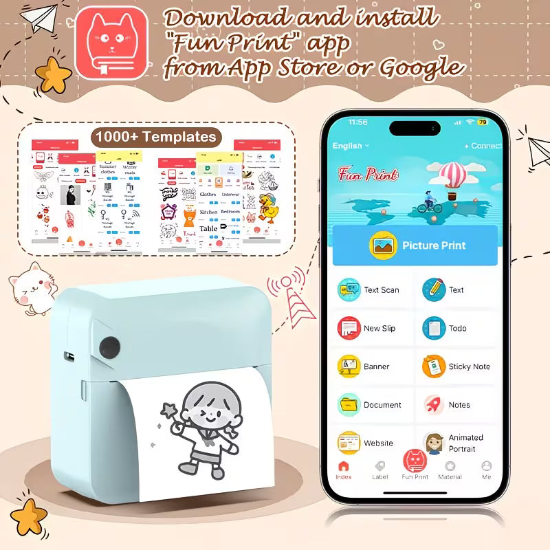 Micro Printer, Pocket Printer, Inkless Sticker Thermal Printer with 1 Roll of Thermal Paper, Wireless Portable Receipt Printer, Suitable for Photos, Diaries, Notes, and Memos