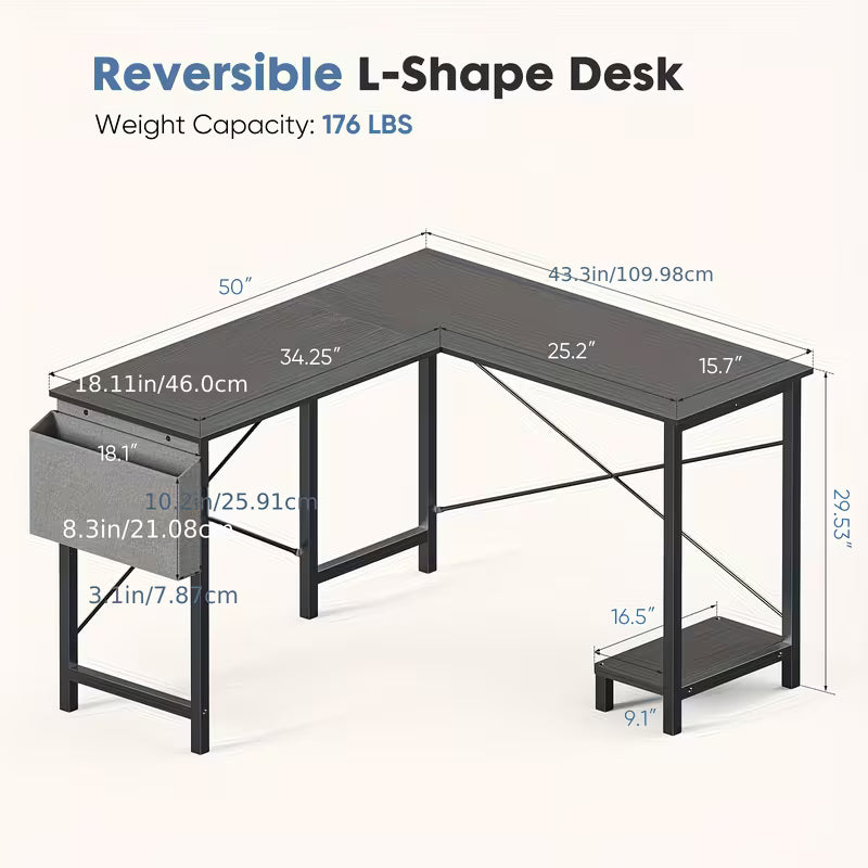 Office Shared Space 50Inch L Shaped Computer Desk - Gaming Table Corner Desk PC Writing Desk Study Desks with Wooden Desktop CPU Stand Side Bag Reversible for Home Office Dorm Small Space