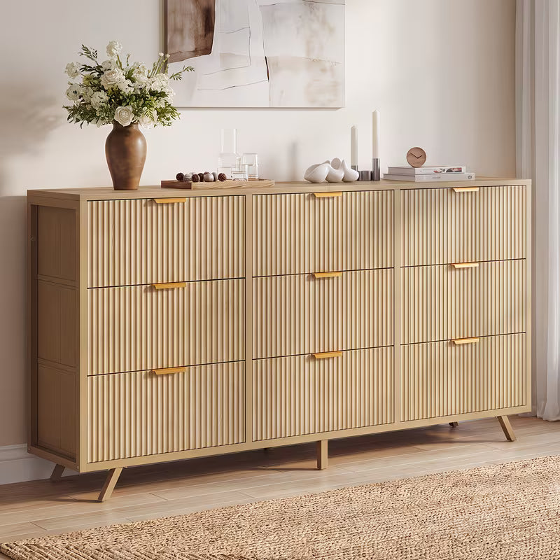 Modern Fluted Wood Office Chest with 9 Drawers Metal Handles Storage Dresser Filing Organizer for Home Office Wide Chest of Drawers