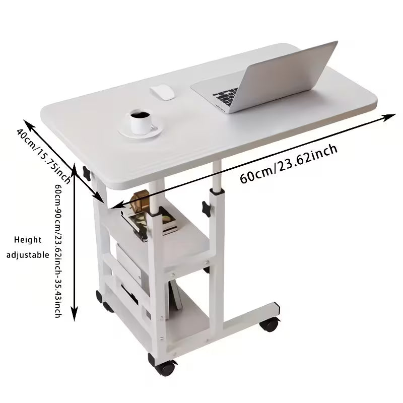 Height-Adjustable Mobile Laptop Table - 4-Wheel Rolling Study/Workstation Desk with Dual Shelves for Bedside/Dorm/Office Use, Sturdy Steel Frame & Modern Finish (Space-Saving Design)