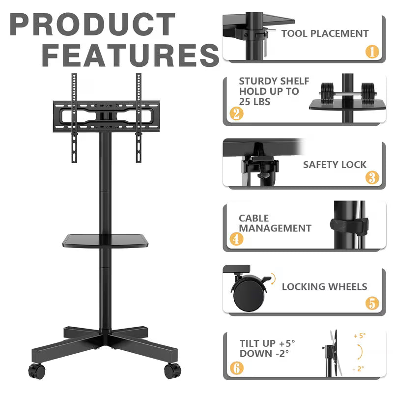 TAVR Height-Adjustable Mobile TV Cart On Wheels for 23 to 60 Inch TVs, with Shelf & 88lb Capacity, Fits VESA 400x400