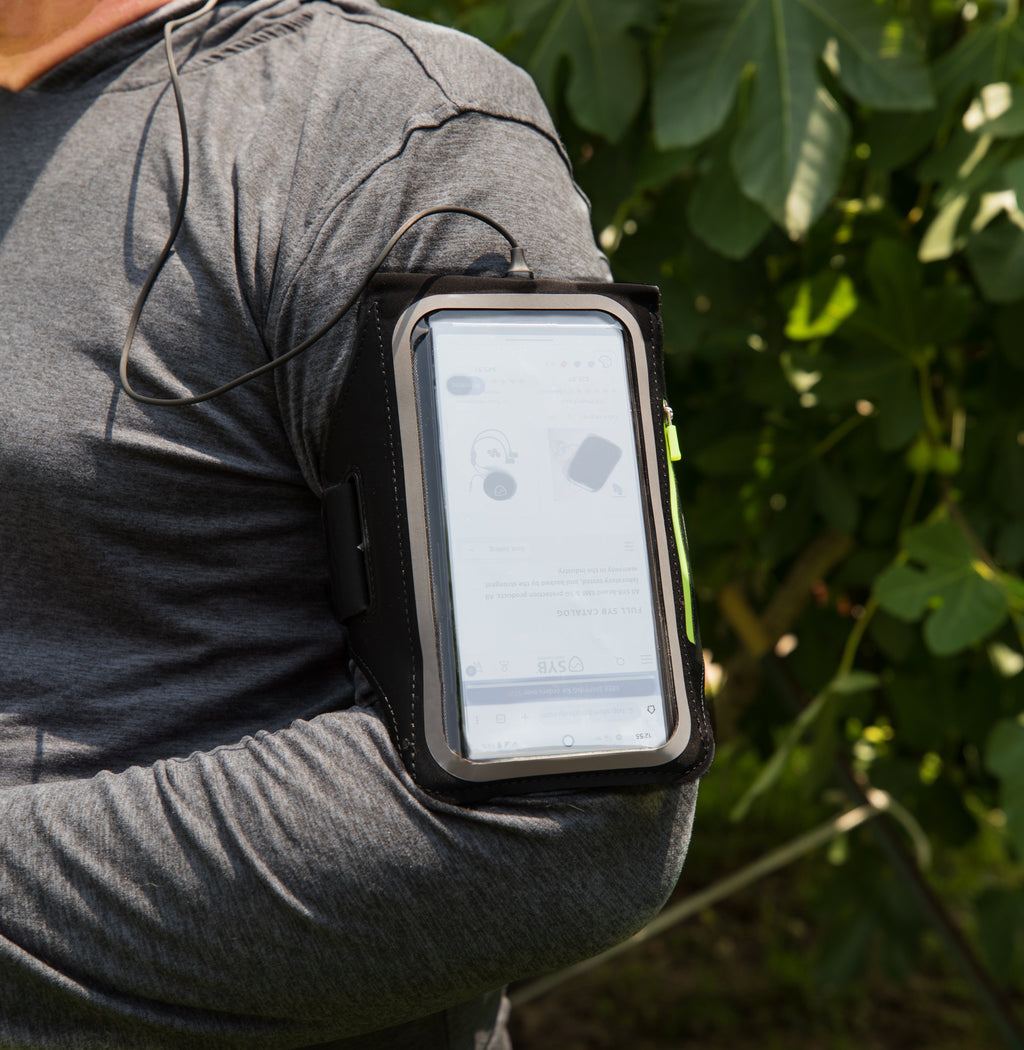SYB Arm Band Pouch made with SaferBody shielding EMF radiation, featuring touchscreen compatibility and velcro strap.