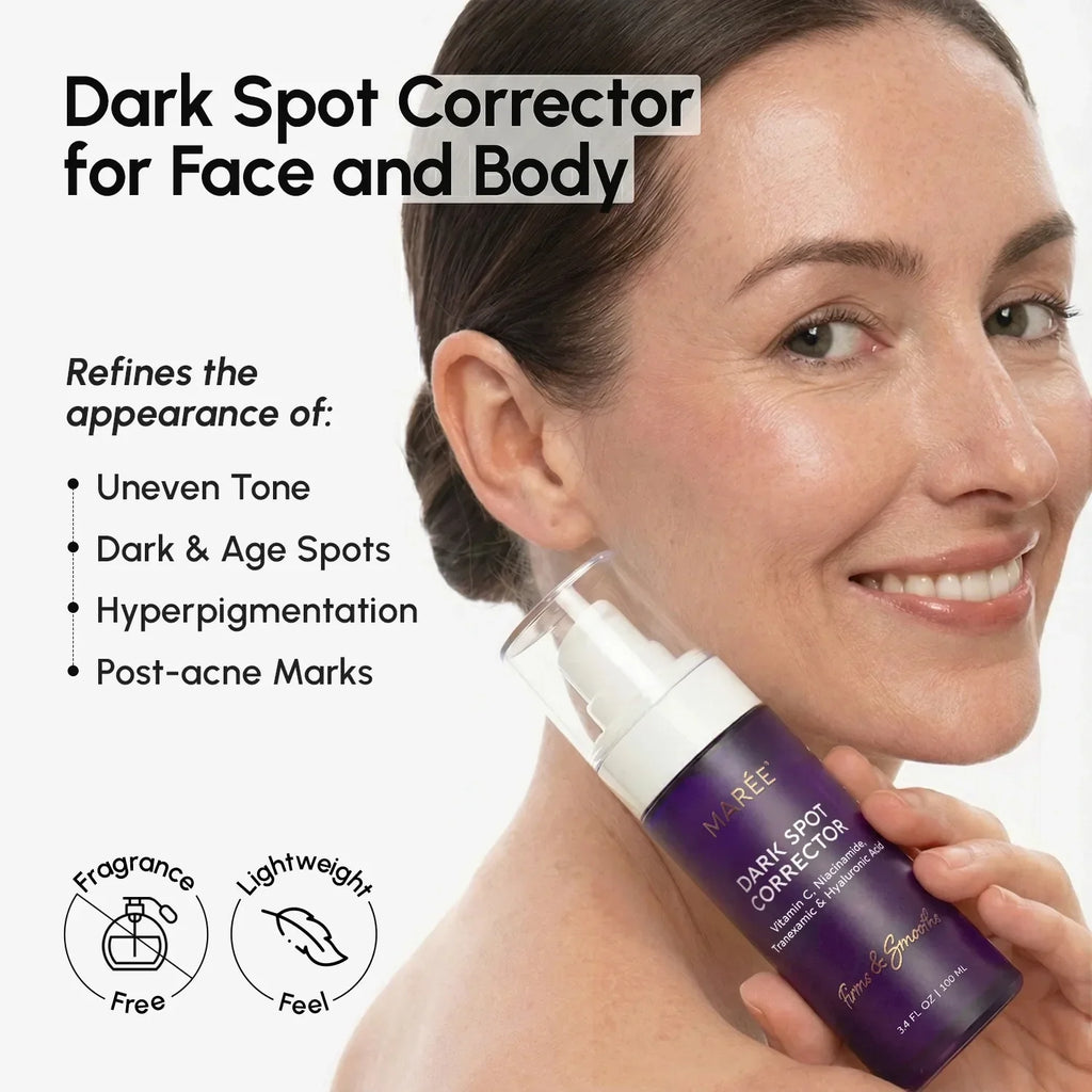 Marée® Face & Body Serum bottle with dark spot correcting benefits and brightening ingredients display