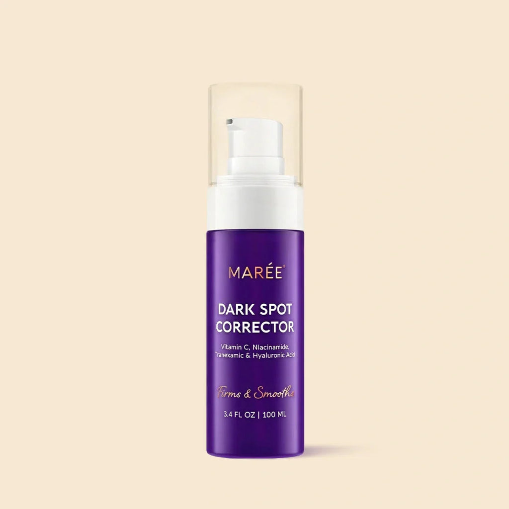 Bottle of Marée Face & Body Serum for dark spots with brightening ingredients on a white background