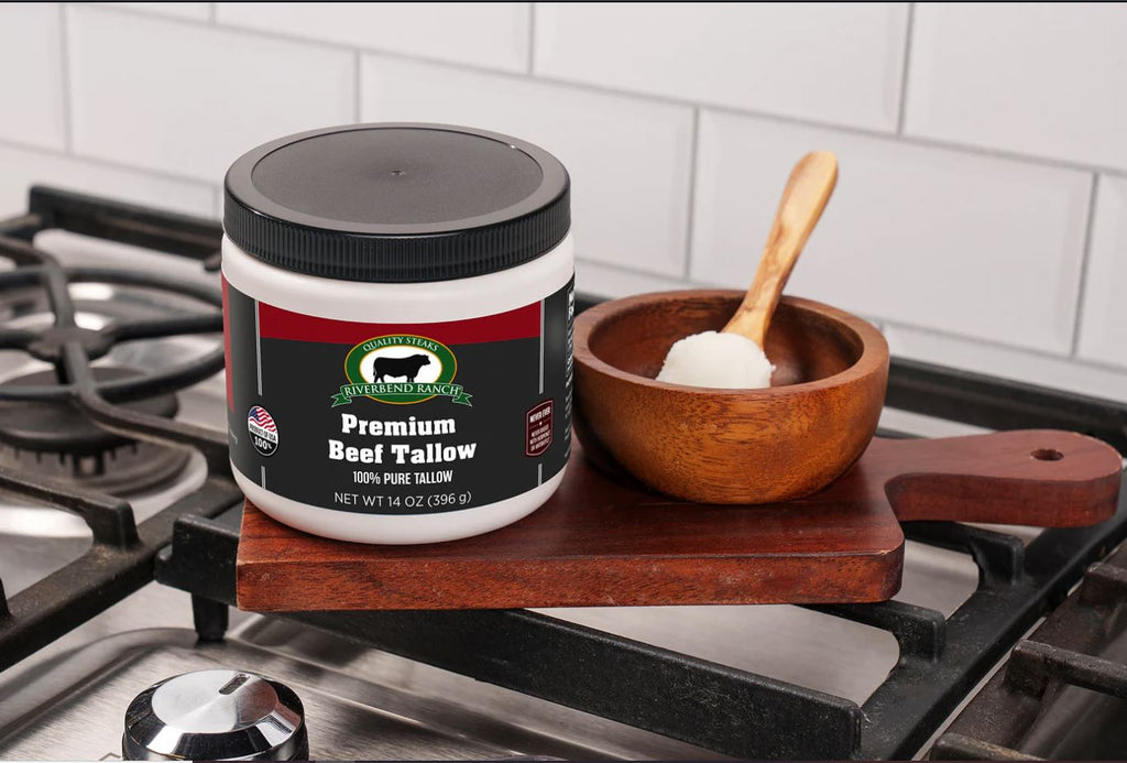 Jar of premium beef tallow sourced from grass-fed cattle for cooking and skincare uses