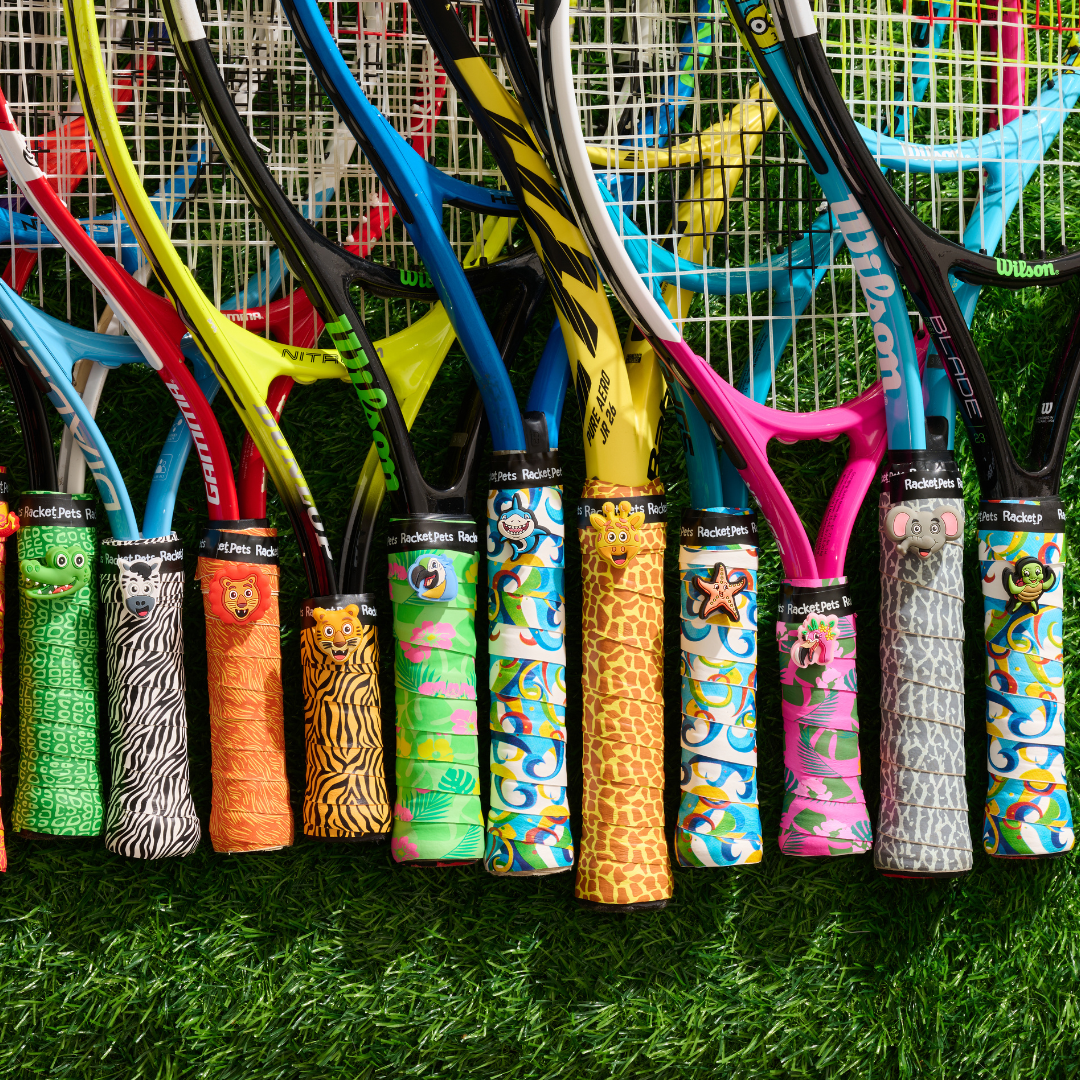 VALUE PACK - A Pink Flamingo Racket Pet Tennis Dampener and Pink Overgrip Tape with a (Pack of 2) Replacement Overgrip Tape