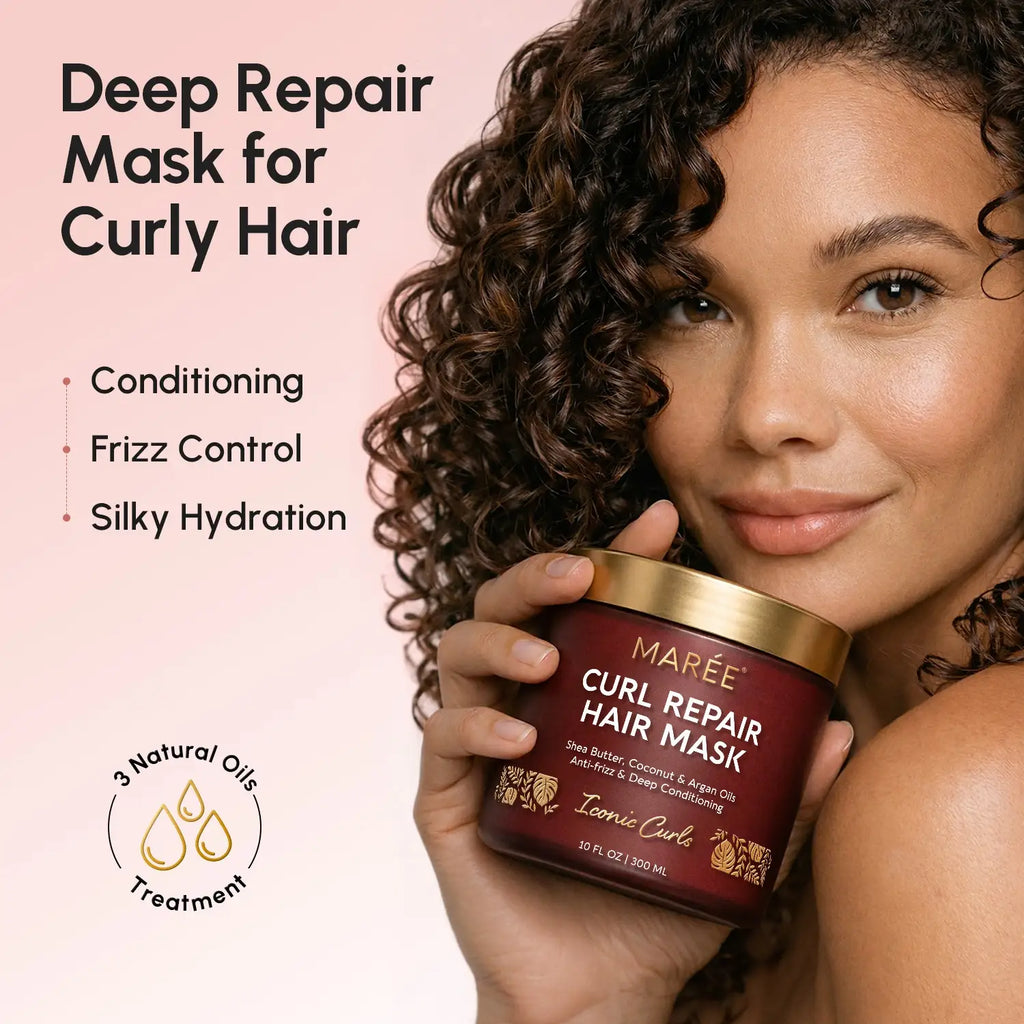 Curl Repair Hair Mask jar with nourishing oils for defined, shiny, and frizz-free curls