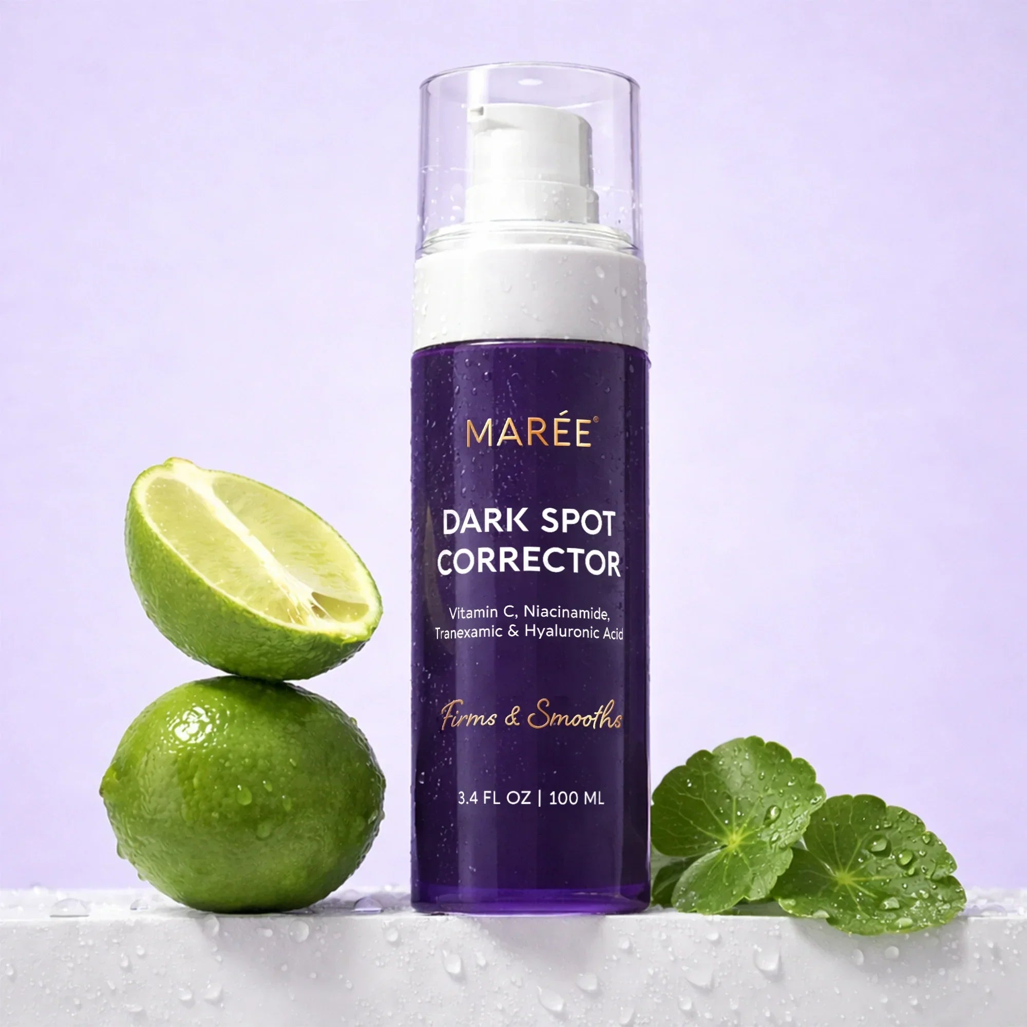 Marée Face & Body Serum bottle with key ingredients for dark spot correction and skin brightening