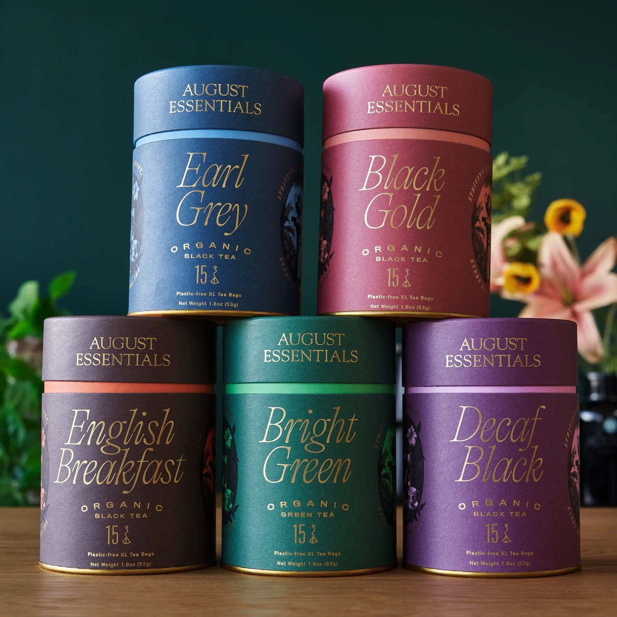 All The Essentials tea bags bundle with five classic organic tea varieties in elegant packaging