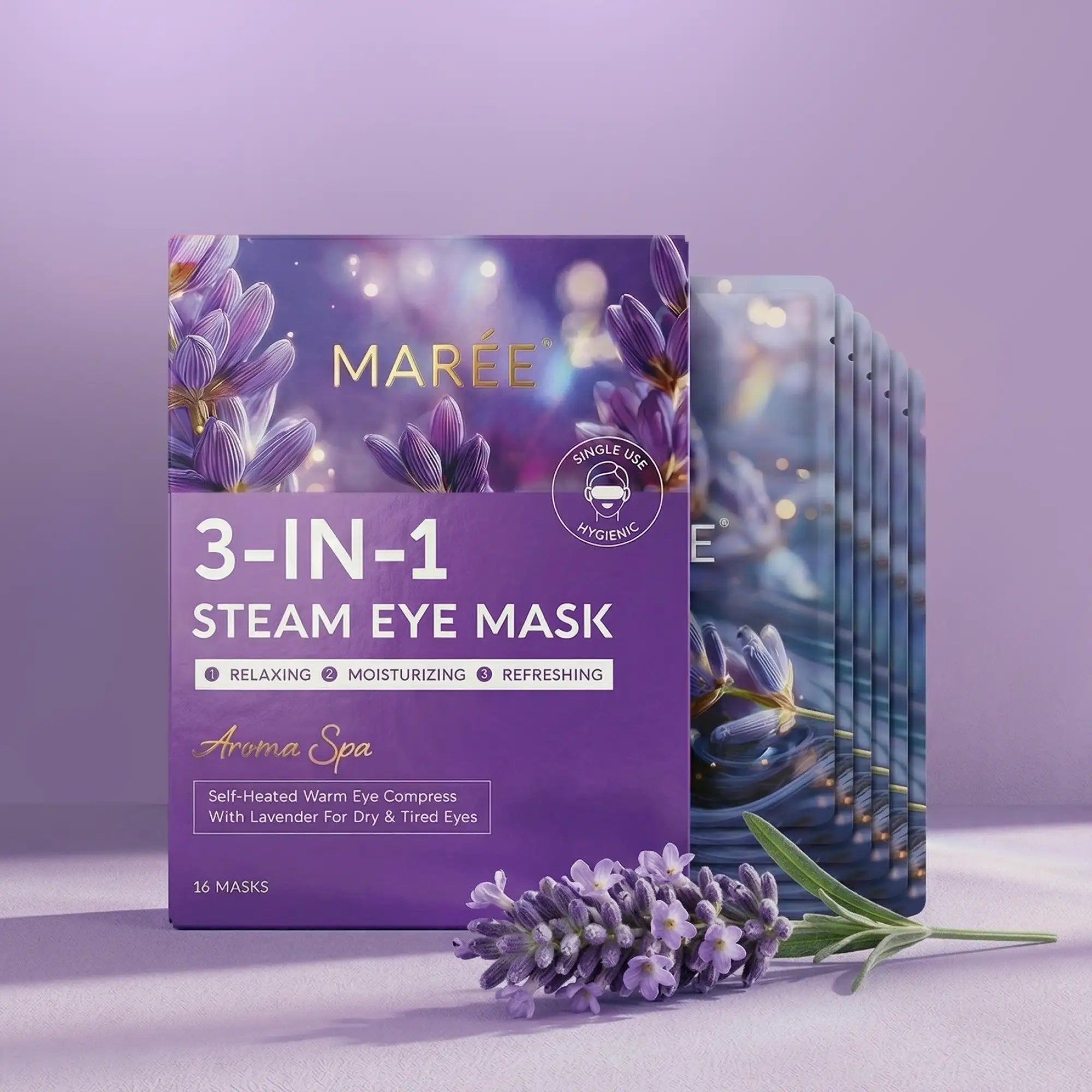 Marée scented spa steam eye mask with lavender aroma for soothing, moisturizing tired eyes