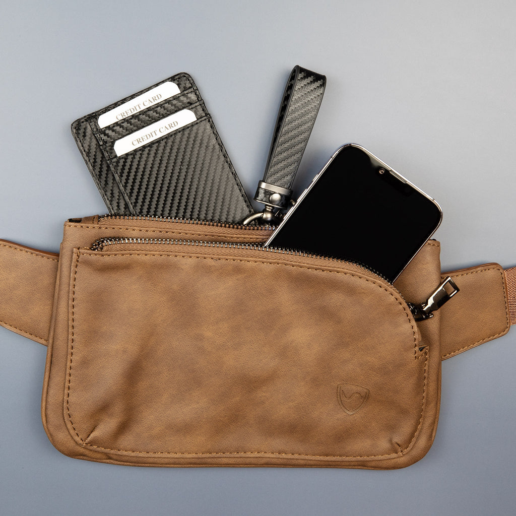 SYB Cross Body Fanny Pack in vegan leather shielding EMF radiation with multiple zippered compartments