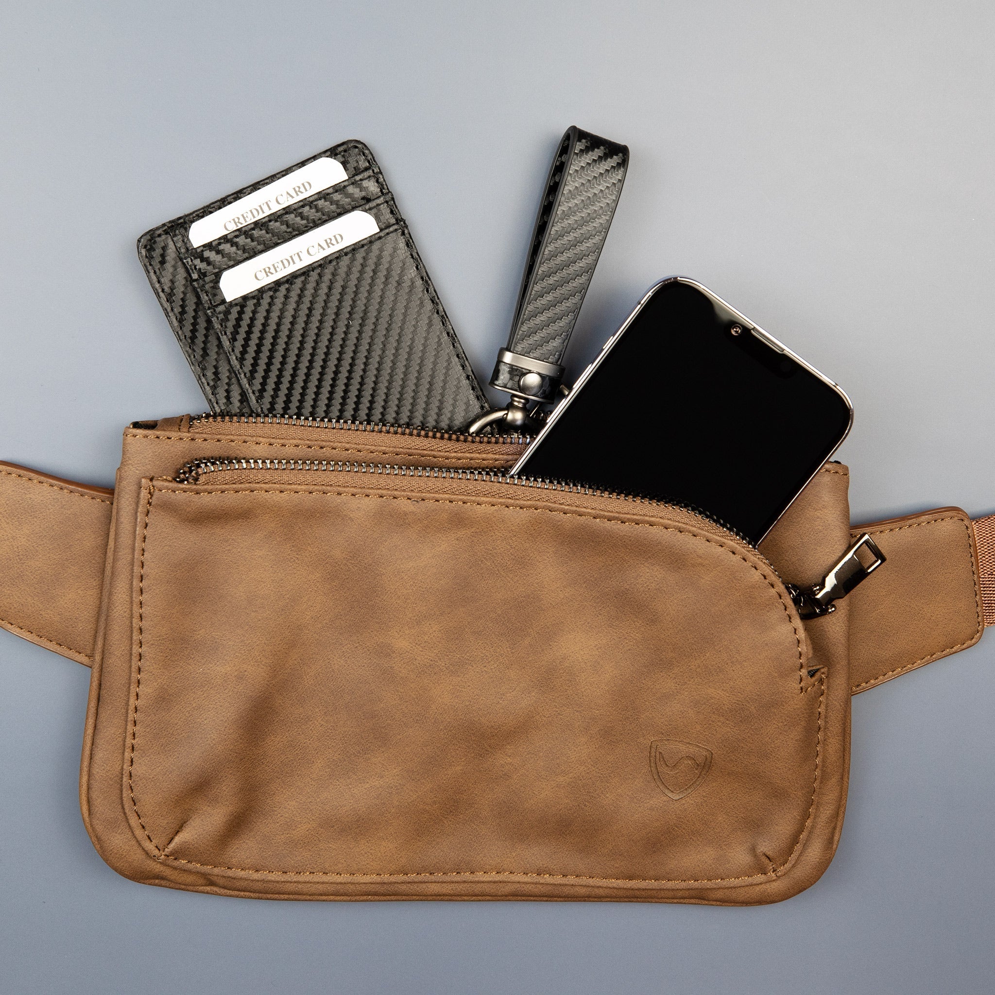 SYB Cross Body Fanny Pack in vegan leather shielding EMF radiation with multiple zippered compartments