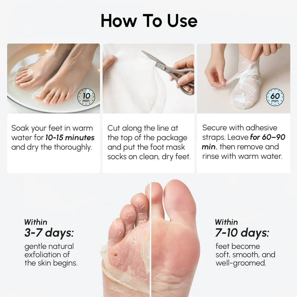 Exfoliating and hydrating foot mask with moisturizing socks and coconut oil for soft, smooth feet