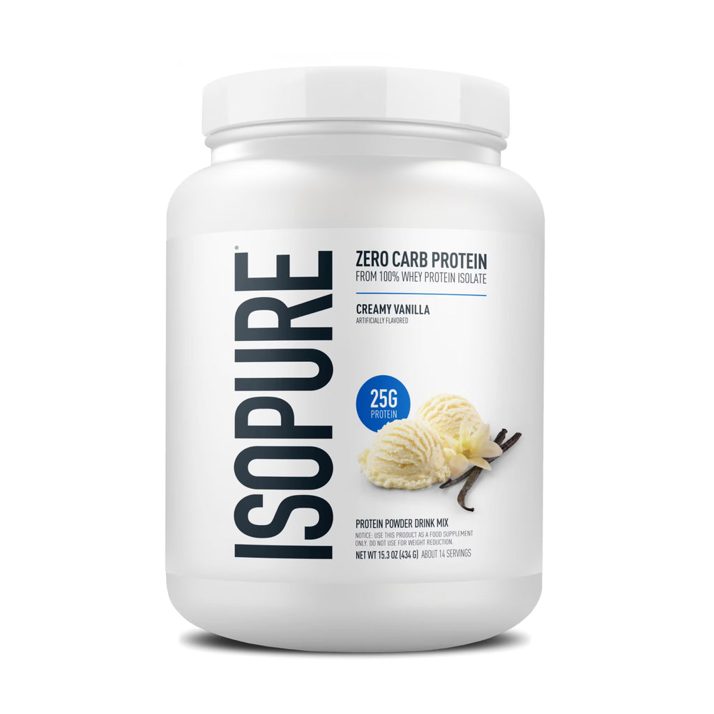 Isopure Zero Carb protein powder container creamy vanilla flavor 25g protein 14 servings