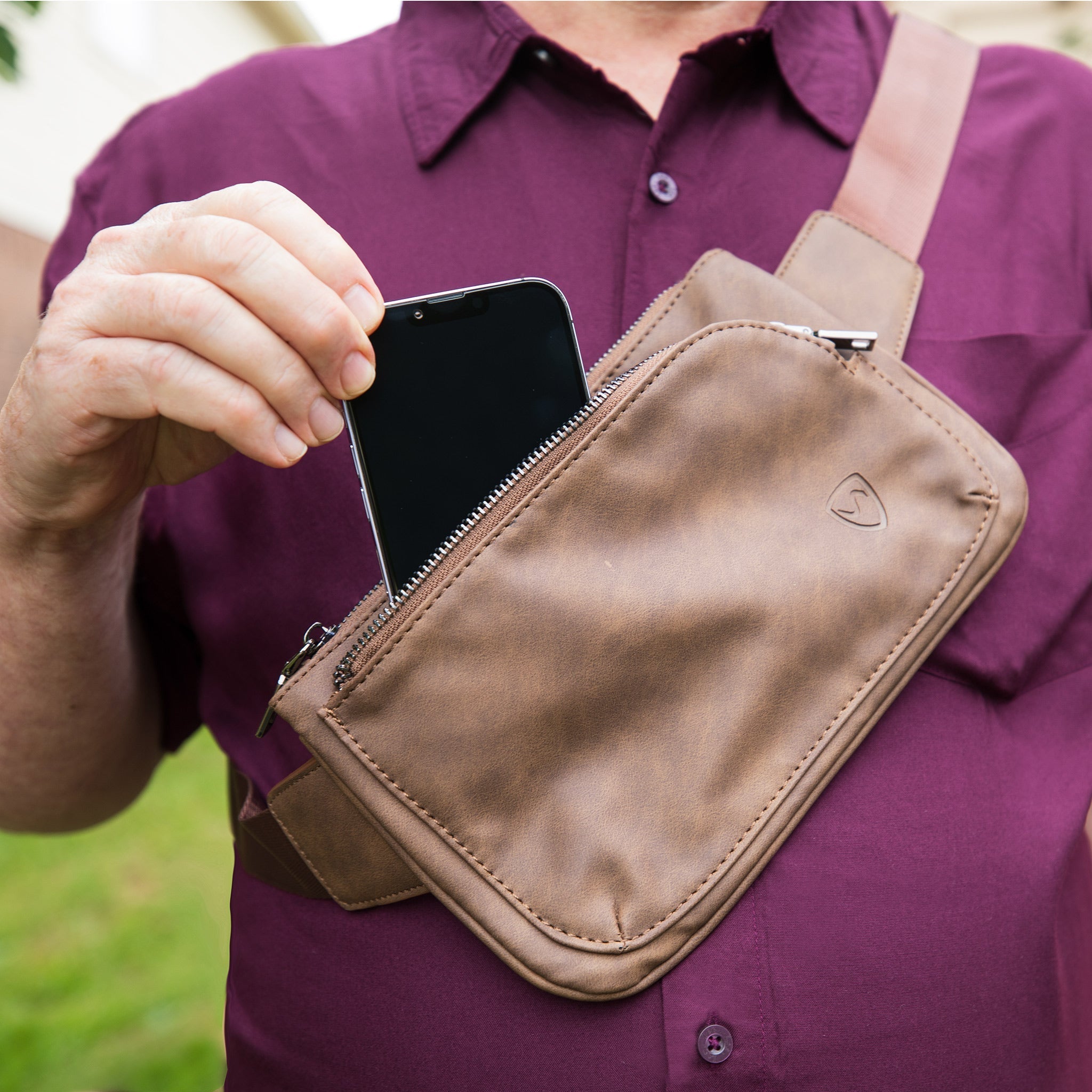 SYB Cross Body Fanny Pack in metro vegan leather shielding against 99% EMF radiation with three zippered compartments