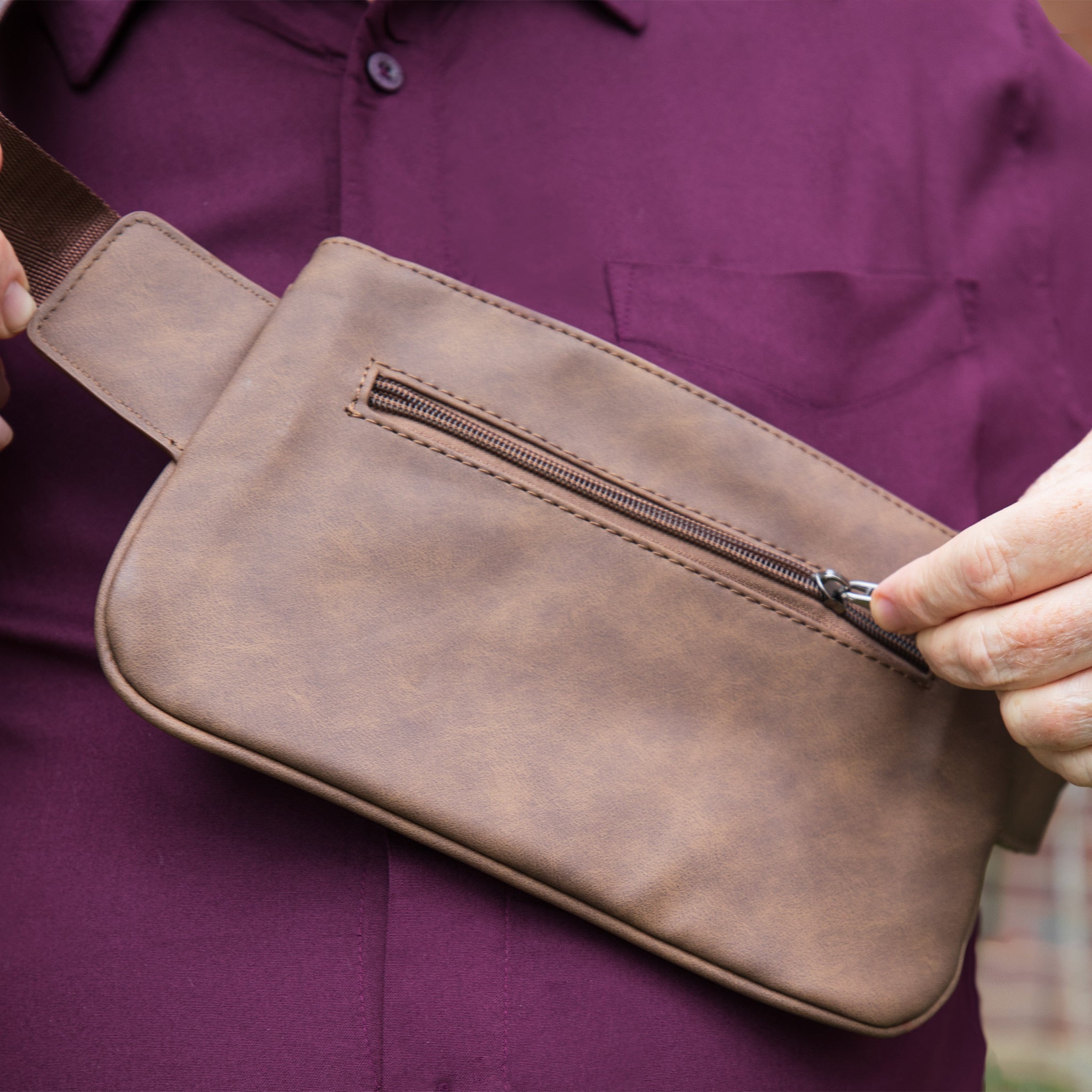 SYB Cross Body Fanny Pack in vegan leather with EMF shielding and zipper compartments