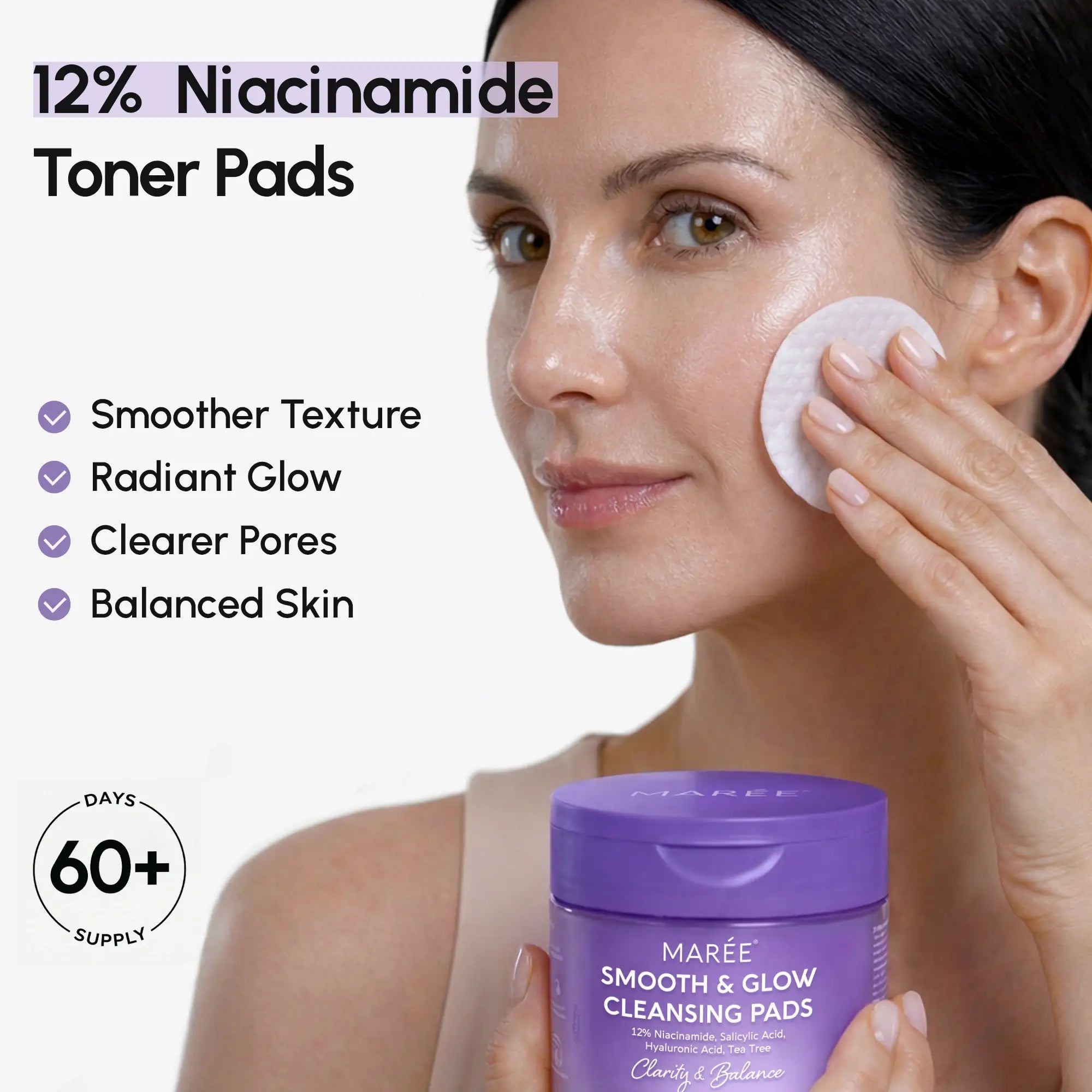12% Niacinamide Smooth & Glow Pads with hyaluronic acid and marine collagen for moisturizing and anti-aging skin care