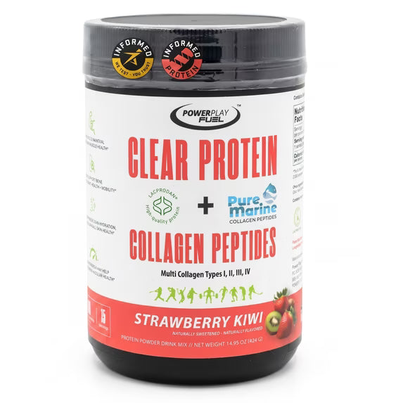POWER PLAY FUEL Clear Protein & Collagen Peptides Protein Powder Drink Mix - Naturally Sweetened & Flavored Protein + Marine Collagen - 15 Servings (Strawberry Kiwi) by Josla