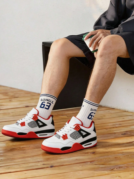 Men's White Red Air Cushion Sneakers, Retro Basketball Style Breathable Mesh Sports Shoes, Non-Slip Wear-Resistant Casual Trainers For Running, Walking & Streetwear