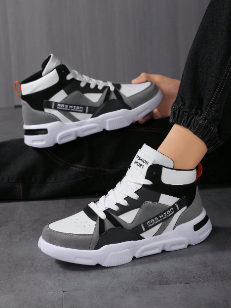 Yamepp Men's New Letter Pattern Bicolor Shoelace Design Contrast Color Lightweight Casual High-Top Skateboarding Shoes, For Jeans Outfit