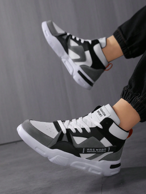 Yamepp Men's New Letter Pattern Bicolor Shoelace Design Contrast Color Lightweight Casual High-Top Skateboarding Shoes, For Jeans Outfit
