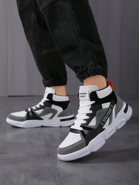 Yamepp Men's New Letter Pattern Bicolor Shoelace Design Contrast Color Lightweight Casual High-Top Skateboarding Shoes, For Jeans Outfit