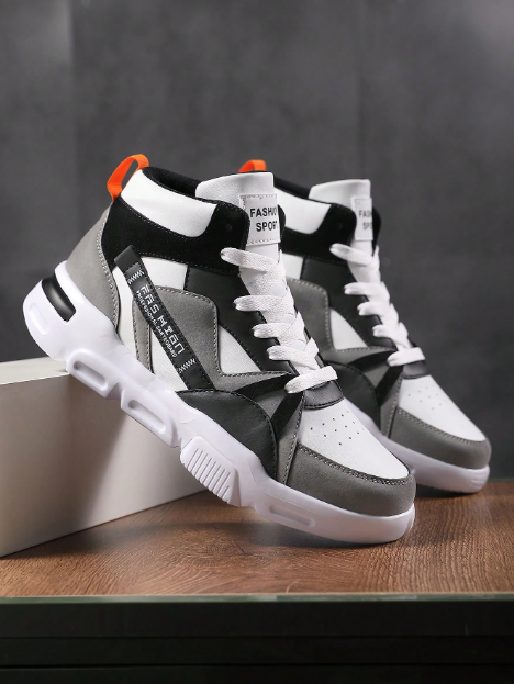 Yamepp Men's New Letter Pattern Bicolor Shoelace Design Contrast Color Lightweight Casual High-Top Skateboarding Shoes, For Jeans Outfit