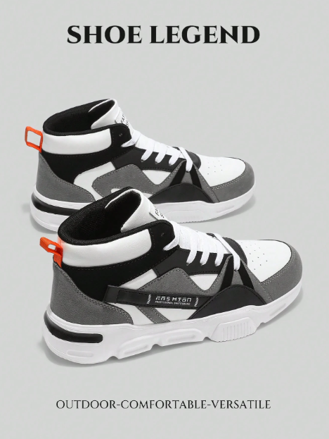 Yamepp Men's New Letter Pattern Bicolor Shoelace Design Contrast Color Lightweight Casual High-Top Skateboarding Shoes, For Jeans Outfit
