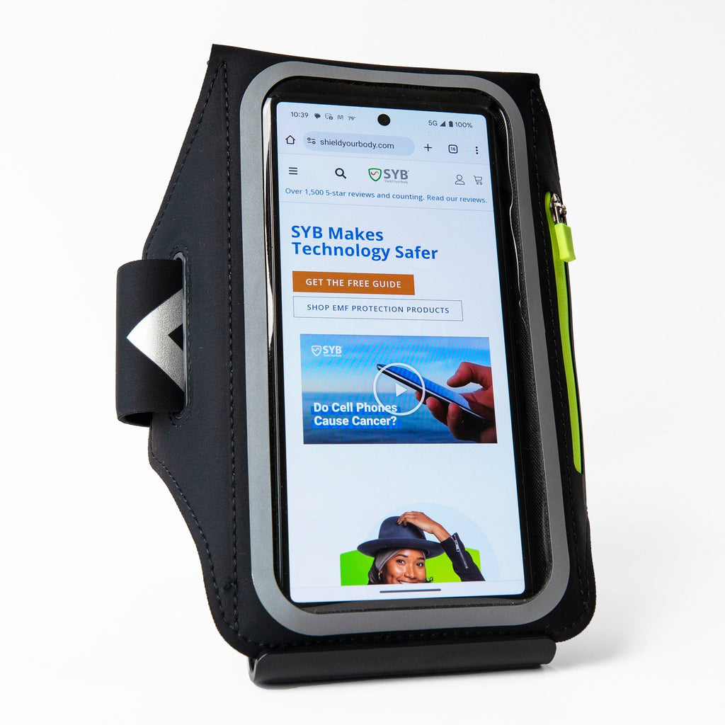 SYB Arm Band Phone Pouch shielding EMF radiation with velcro strap and reflective design for workouts