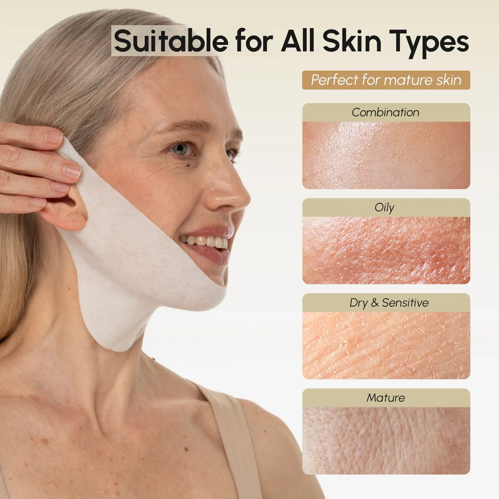 24K Gold V-Line Lifting Mask packaging showing 20 PCS for jawline and neck lifting with collagen and hydrogel ingredients