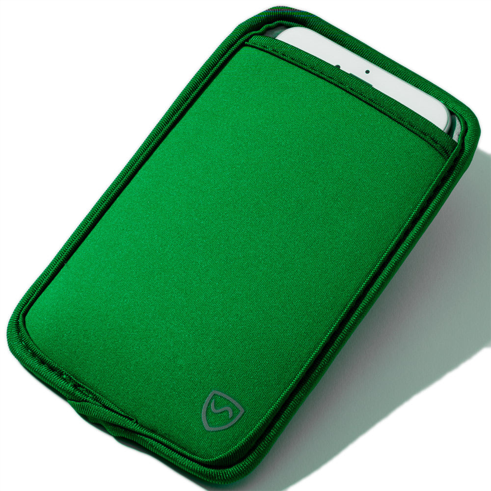 SYB Phone Pouch with EMF shielding for phones up to 3.25 inches, made of neoprene with nickel/cobalt alloy lining, fits on belt or pocket