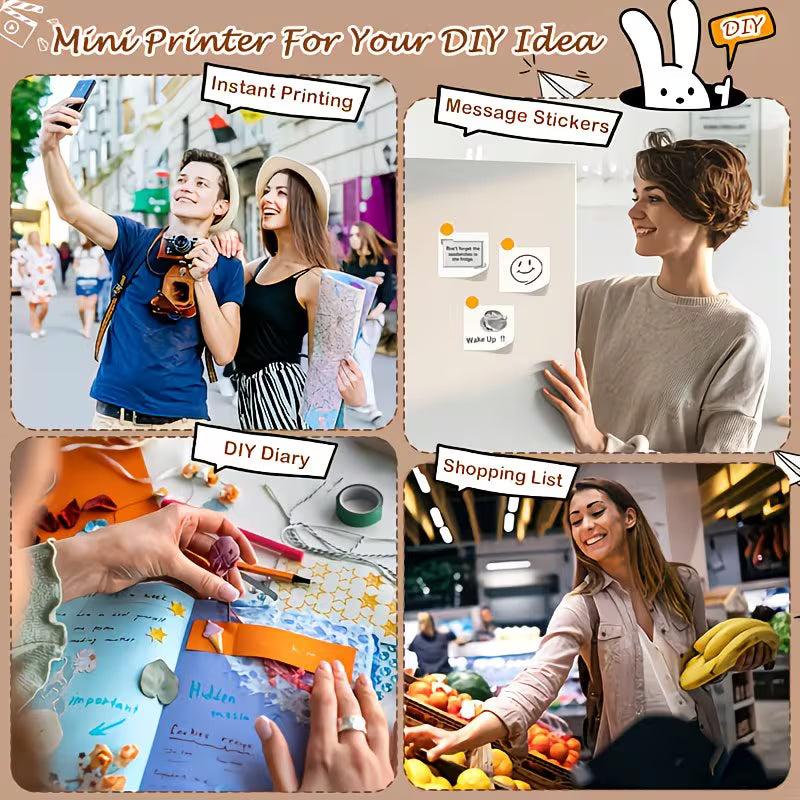 Micro Printer, Pocket Printer, Inkless Sticker Thermal Printer with 1 Roll of Thermal Paper, Wireless Portable Receipt Printer, Suitable for Photos, Diaries, Notes, and Memos