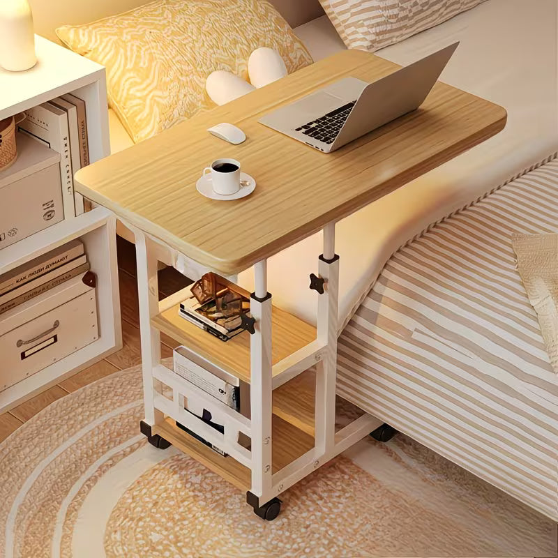 Height-Adjustable Mobile Laptop Table - 4-Wheel Rolling Study/Workstation Desk with Dual Shelves for Bedside/Dorm/Office Use, Sturdy Steel Frame & Modern Finish (Space-Saving Design)