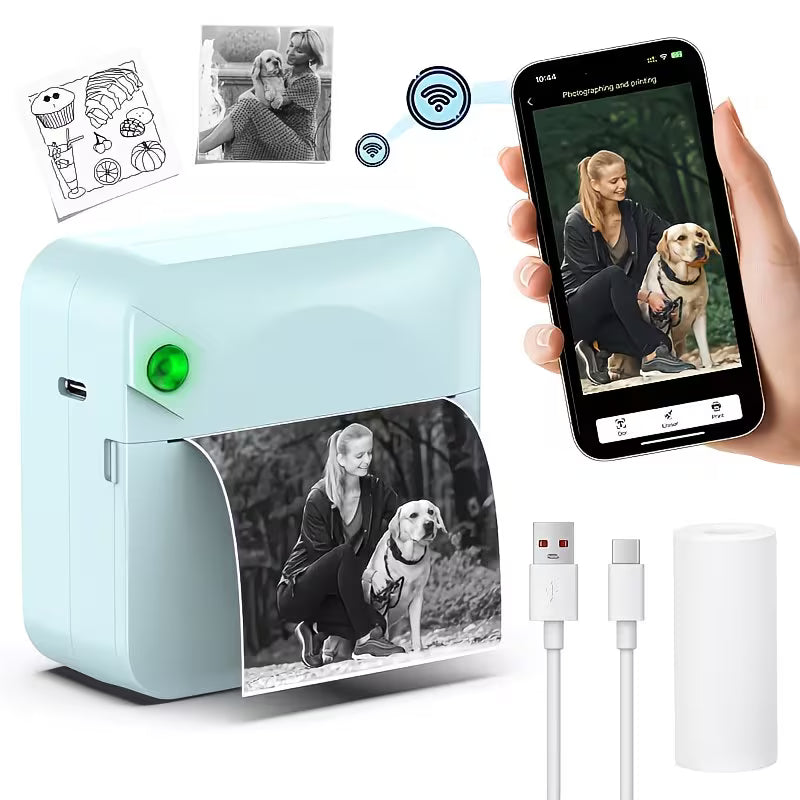 Micro Printer, Pocket Printer, Inkless Sticker Thermal Printer with 1 Roll of Thermal Paper, Wireless Portable Receipt Printer, Suitable for Photos, Diaries, Notes, and Memos