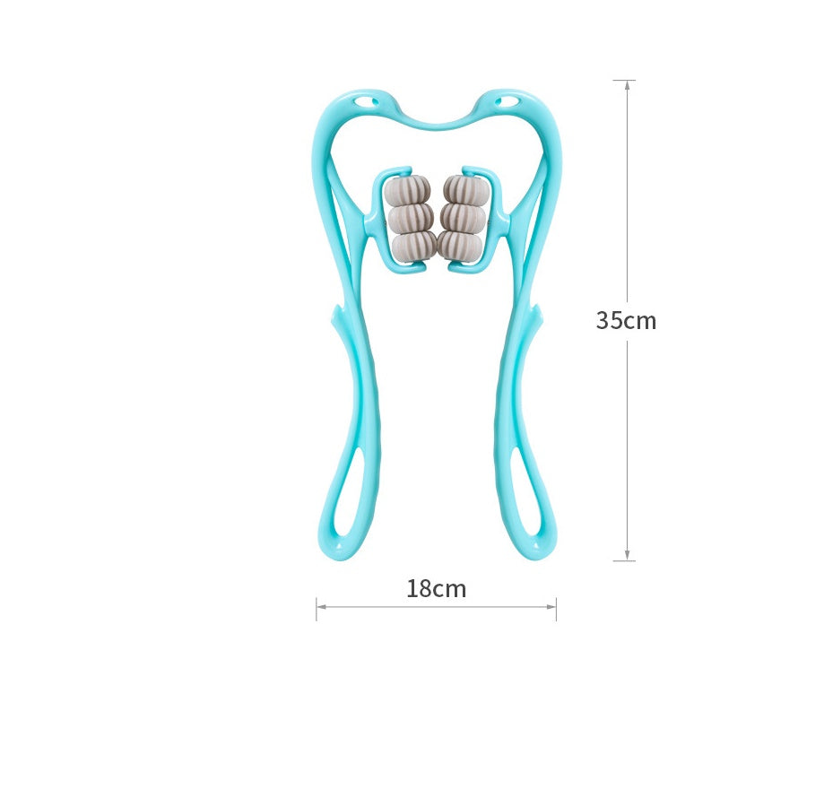 6-Roller Cervical Massager in pink and blue with swan shape and six rotating massage wheels for neck and body relief