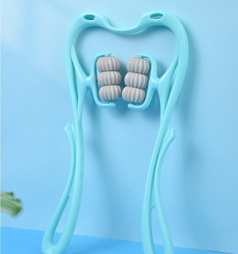 6-roller cervical massager with six rotating wheels in blue and pink, ergonomic swan design for neck and body muscle relief