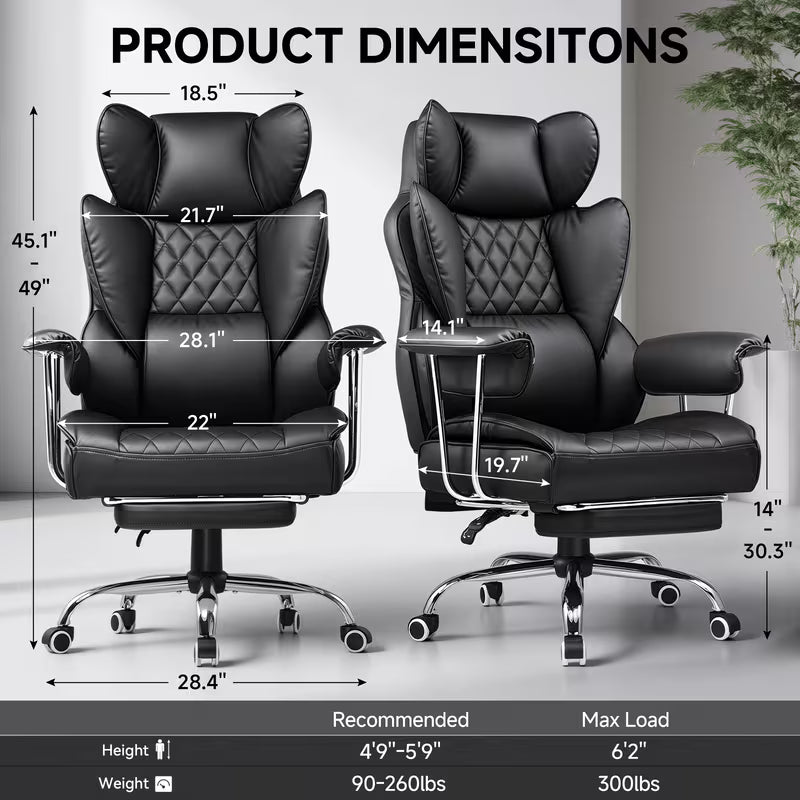 Executive Office Chair for Heavy People, Gaming Chair, Ergonomic Wide Desk Computer Chair with Pocket Spring Lumbar Support, Footrest, Outward Fixed Soft Armrests, High Back PU Leather, Height Adjustable, Big and Tall