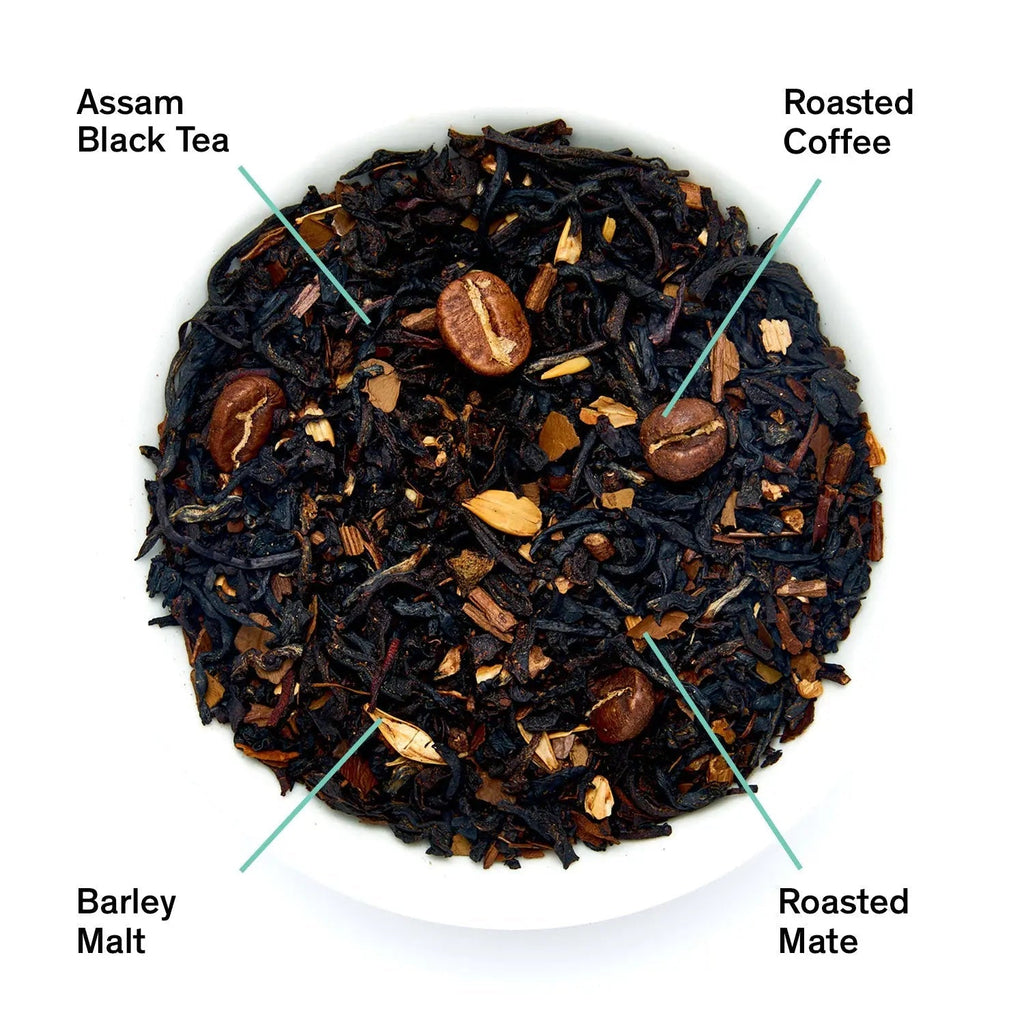Jet Black Roasty Coffee Black Tea box with 15 tea bags, featuring espresso, hazelnut, and steamed milk flavors