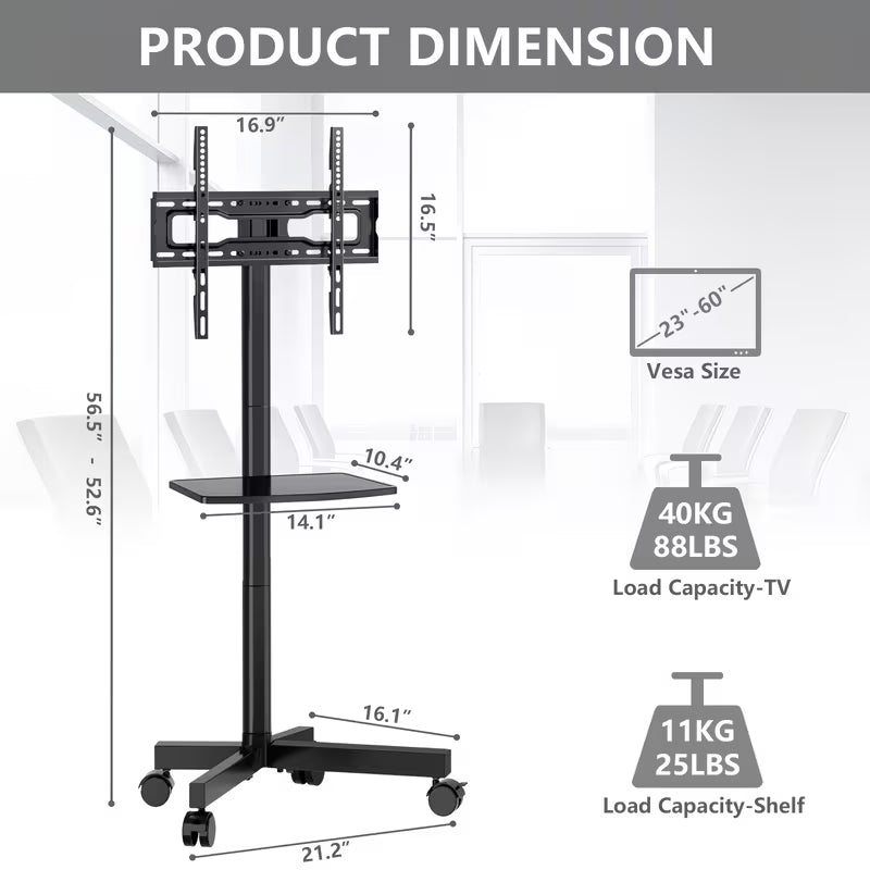 TAVR Height-Adjustable Mobile TV Cart On Wheels for 23 to 60 Inch TVs, with Shelf & 88lb Capacity, Fits VESA 400x400