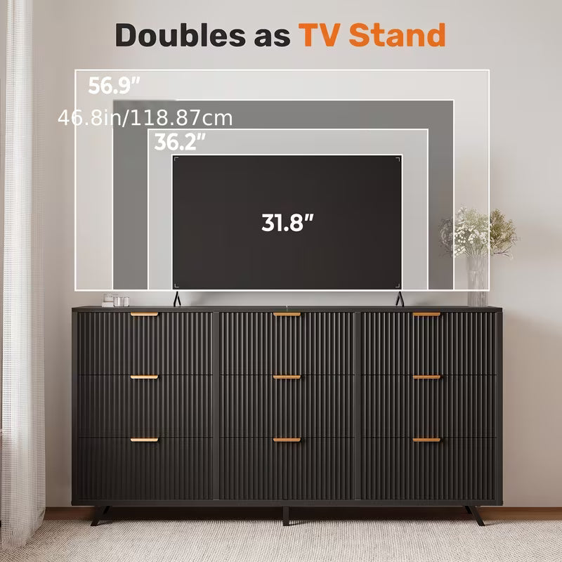 Modern Fluted Wood Office Chest with 9 Drawers Metal Handles Storage Dresser Filing Organizer for Home Office Wide Chest of Drawers