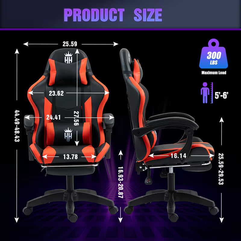 Ergonomic Gaming Chair with Spring Cushion, Retractable Footrest, Adjustable Headrest & Lumbar Support, PU Leather, Height Adjustable Swivel Seat, for Office, Gaming & Video