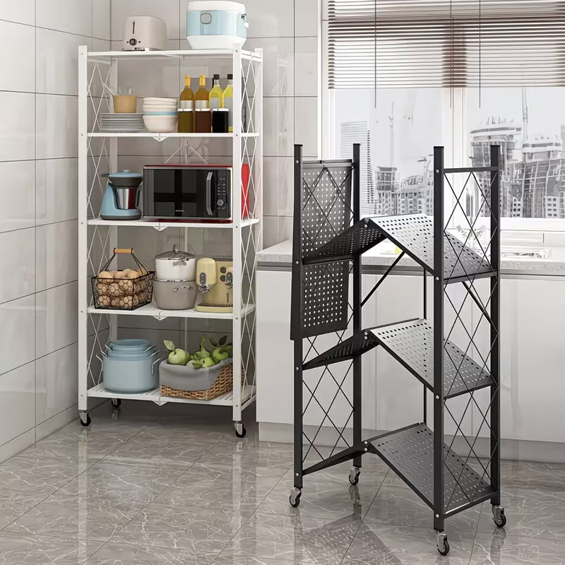 Wheeled Folding Bookshelves with 3, 4, Or 5 Layers for Organizing And Storing at Home, Requiring No Tools for Assembly. Ideal for Saving Space in The Kitchen, Living Room, Bedroom, Storage Room, And Garage