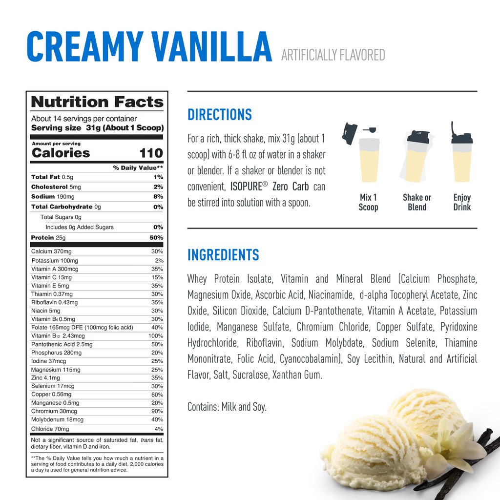 Isopure Zero Carb Creamy Vanilla whey protein isolate powder container with 25g protein and 14 servings