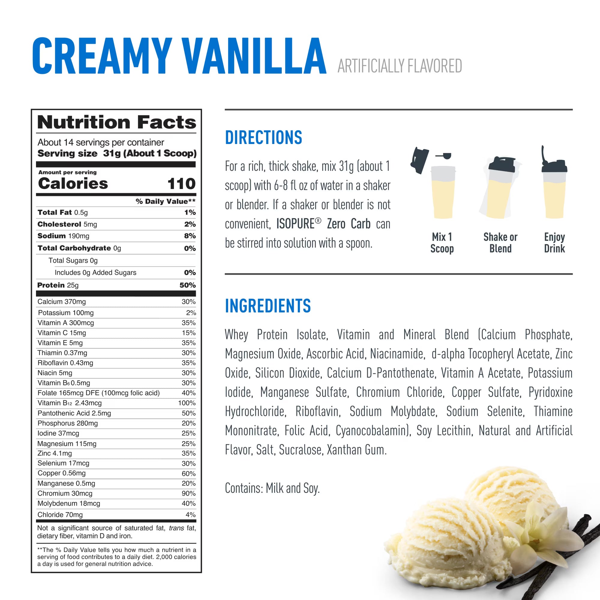 Isopure Zero Carb Creamy Vanilla whey protein isolate powder container with 25g protein and 14 servings